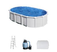 Piscina elevada de acero galvanizado blanca ovalada 6.1x3.75x1.3 m con depuradora de arena y escalera de seguridad gre