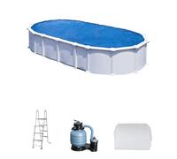 Piscina elevada de acero galvanizado blanca ovalada 7.3x3.75x1.3 m con depuradora de arena y escalera de seguridad gre