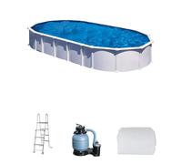 Piscina elevada de acero galvanizado blanca ovalada 9.15x4.7x1.3 m con depuradora de arena y escalera de seguridad gre