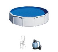 Piscina elevada de acero galvanizado blanco redonda ø 5.5x5.5x1.2 m con depuradora de arena y escalera de seguridad gre