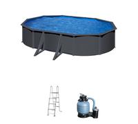 Piscina elevada de acero galvanizado gris ovalada 5x3x1.2 m con depuradora de arena y escalera de seguridad gre