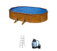 Piscina elevada de acero galvanizado marrón ovalada 5x3x1.2 m con depuradora de arena y escalera de seguridad gre