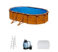 Piscina elevada de acero galvanizado marrón ovalada 5x3x1.3 m con depuradora de arena y escalera de seguridad gre