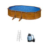 Piscina elevada de acero galvanizado marrón ovalada 6.1x3.75x1.2 m con depuradora de arena y escalera de seguridad gre