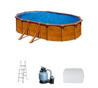 Piscina elevada de acero galvanizado marrón ovalada 6.1x3.75x1.3 m con depuradora de arena y escalera de seguridad gre