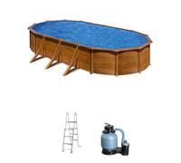 Piscina elevada de acero galvanizado marrón ovalada 7.3x3.75x1.2 m con depuradora de arena y escalera de seguridad gre
