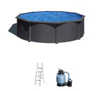 Piscina elevada de acero gris redonda ø 3.5x1.2 m con depuradora de arena y escalera de seguridad gre