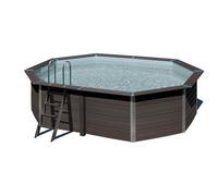Piscina elevada de composite gris ovalada 4.8x3.4x1.21 m con depuradora de arena y escalera de seguridad gre