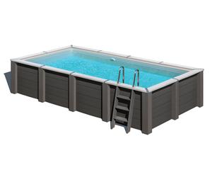 Piscina elevada de composite gris rectangular 5.6x2.8x2.8 m con depuradora de arena y escalera de seguridad gre