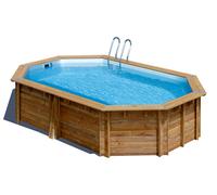Piscina elevada de madera marrón ovalada 5.73x3.48x1.33 m con depuradora de arena y escalera de tijeras gre