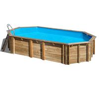 Piscina elevada de madera marrón ovalada 7.05x4.08x1.42 m con depuradora de arena y escalera de tijeras gre