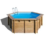 Piscina elevada de madera marrón redonda 3.43x3.43x1.16 m con depuradora de arena y escalera de tijeras gre