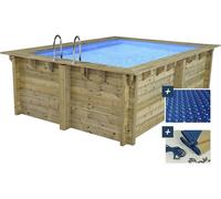 Piscina rectangular de madera "zanzibar" - 3,50 x 2,30 x 1,24 m - cubierta de burbujas de 180 µ - cubierta de invierno de 280 g/m².