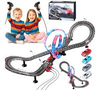 Pista Carreras Electrica, Iluminado Pista de Coches para Niños 1:64 Pista Autos -4 LED Coches, Bucle 360°, Euroconector, Contador Vueltas, Circuito Coche Niños 3+ Años Juguete Regalos (L)