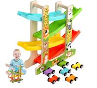 Pista de Coches de Carreras para niños pequeños: Juguete de Carreras con rampa para Coches de 30x26x7 cm, Juego de vehículos de Madera, Pista Deslizante Colorida, Juguete Divertido Duradero