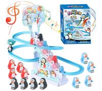 Pista de Coches de Juguete con 9 pingüinos de Juguete, pingüino eléctrico Que Sube escaleras, Juego de Pista de Carreras con música y Luces LED Intermitentes, tobogán de montaña Rusa..