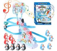 Pista de coches de juguete, pingüino eléctrico que sube escaleras, juguetes con 9 pingüinos, juego de pista de carreras con música y luces LED intermitentes, juego de juguetes de montaña rusa des.