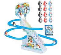Pista de Coches de Juguete pingüino eléctrico subiendo escaleras Juguetes con 9 pingüinos de Juguete, Juego de Pista de Carreras con música y Luces LED Intermitentes, Juguetes de montaña Rusa desliza