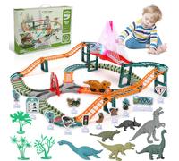 Pista de Coches Dinosaurio para Niños, 167 Piezas con 6 Figuras Dinosaurios, Coche Dino Eléctrico, Puente Luminoso con Música, Señales de Tráfico y Accesorios Educativos Regalo Niños 3-8 Años