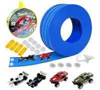 Pista de Coches para Niños, 4M Azul Circuito Coches con 4 Autos, Rampa Doble, Accesorios para Pistas de Coche de Juguete, Regalo Niños, Pista de Coche Flexible y Duradera