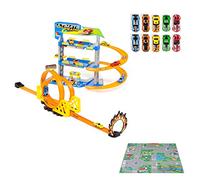 Pista de Juguete con 2 Loopings, 3 Plantas, 2 Coches de Fricción, 10 Coches de Juguete adicionales y Tapiz incluidos