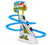 Pista de juguete subida de escaleras eléctrica con luces sonidos música luminosa pista carrera feliz patada pista niños perros pingüinos dino montañas rusas escalada escalada trenes diapositivas