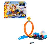 Hot Wheels Supercomisaría de policía Conjunto de pista, conjunto de juego con coche de juguete metálico a escala 1:64, looping regulable para hacer carreras y acrobacias de varias formas, JBM71