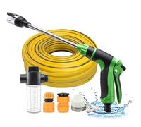 Pistola de alta presión Powerjet, 3 modos de pulverización para manguera de jardín, limpiador exterior resistente, ideal para lavado de coches, jardín y terraza (juego de manguera verde de 15 m)