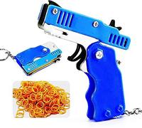 Pistola de Banda de Goma Mini Metal Plegable de 6 Disparos con Llavero y 60Pcs Banda de Goma,Plegable Hecha a Mano Pistola de Juguete Mini de Goma metálica con Llavero (Azul)