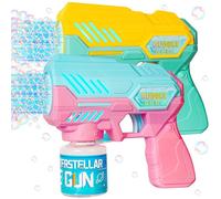 Pistola de Burbujas, Burbujas de Jabon Niños Juego de 2 Piezas - 20 Paquetes de Líquido de Burbujas, Diseño de Colores Combinados, con luz LED, Completamente Automático