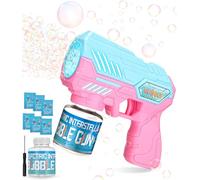 Pistola de Burbujas para Niños, Máquina Automática Silenciosa con Luces LED, 10 Agujeros,10000+ Pompas por Minuto, 150ml Líquido, Juguete para Exterior, Fiestas, Bodas, Verano, Azul Rosado