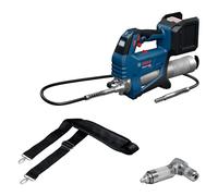 Pistola de engrasado a batería GFP 18V-10 con Bosch Professional 18V System (presión operativa máxima de 10 000 psi, caudal máximo de hasta 320 g/min., in coplador de 90°, correa para el hombro)