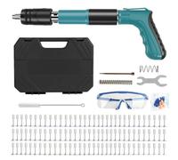 Pistola manual de clavos con 100 clavos redondos, ajuste de 5 niveles, mini pistola de clavos manual para acero y hormigón, con guantes de gafas, caja de herramientas, silenciador neumático (azul)