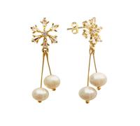 Piswency S925 Pendientes de copo de nieve de perlas de agua dulce bañados en oro de 18 quilates de plata de ley para mujeres y niñas Navidad Pendientes hechos a mano, Plata de ley, Perla