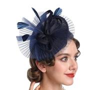 Pitadue Elegante accesorio de malla con plumas para el pelo con lazos, tocado para mujer, para bodas, fiestas y eventos especiales, azul marino, Talla única