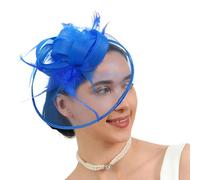 Pitadue Elegante tocado de tul con plumas para cóctel, para mujer, elegante tocado de fiesta Derby con detalle de red para accesorios de despedida de soltera, azul real, Talla única