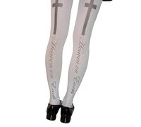 Pitadue Medias opacas blancas vintage para mujer, estéticas japonesas, elegantes, cruces y letras impresas, mallas opacas japonesas blancas, blanco, Talla única