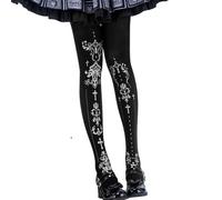 Pitadue Medias opacas con estampado de cruces vintage para mujer, estéticas japonesas, elegantes, estampadas, mallas de moda, Negro y plateado., Talla única