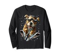 Pitbull de esquí con Nieve y Copos de Nieve Snowy Winter Dog Manga Larga