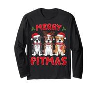 Pitbull Dog Santa Hat Xmas Lights Christmas Merry Pitmas Manga Larga