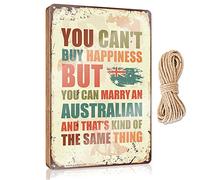 PITFS Letrero de madera colgante de madera con texto en inglés "You Can'T Buy Happiness But You Can Marry An Australian", letrero de madera divertido para cueva de hombre (15 x 28 cm)