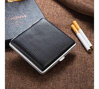 Pitillera de piel auténtica de color plateado y metal para 20 cigarrillos, de acero inoxidable, negro, para hombres, mujeres y hombres, regalo