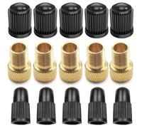 Pitlane Performance® Set de adaptadores de válvula para bicicletas Compatible con válvulas Presta y Dunlop; 5 adaptadores Presta a Schrader + 5 tapas Schrader + 5 tapas Presta/Dunlop; Set de 15 piezas