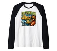 Pittsburgh City Skyline Puentes y Engranajes industriales Estilo de los años 90 Camiseta Manga Raglan