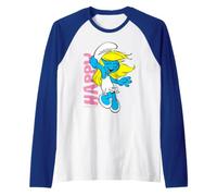 Pitufos Pitufina Feliz Sonrisa Amigos Clásico De Dibujos Animados 80s 90s Camiseta Manga Raglan