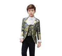 Pitycbo Traje de Príncipe Niño Uniforme Clásico con Pantalón Chaleco Chaqueta con Encaje y Jabot Ajustable en Poliéster para Actividades Escolares Fiestas de Disfraces Fotos Artísticas, Azul, 140CM