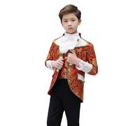 Pitycbo Traje de Príncipe Niño Uniforme Clásico con Pantalón Chaleco Chaqueta con Encaje y Jabot Ajustable en Poliéster para Actividades Escolares Fiestas de Disfraces Fotos Artísticas, Rojo, 120CM