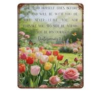 PIUHRKLEVD Floral Scripture Metal Tin Sign Deuteronomy 318 Be Strong and Courageous Rustic Wall Hanging for Nursery Entryway 8 X 12 in