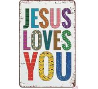 PIUHRKLEVD Retro Jesus Loves You Religious Metal Tin Sign for Home Office Basement Garage Shed Outdoor 8 X 12 in