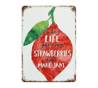 PIUHRKLEVD Strawberry Kitchen Metal Sign When Life Gives You Strawberries Make Jam Tin Plaque Watercolor Fruit Art Retro Cafe Home Wall Decor 8 X 12 Inch